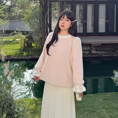 パールレースカラー・ふわもこガーリーニット(3L/4L/5L)