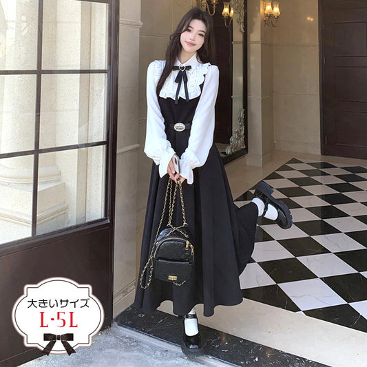 大人のガーリーフリルカラーベルトワンピース(L/LL/3L/4L/5L)