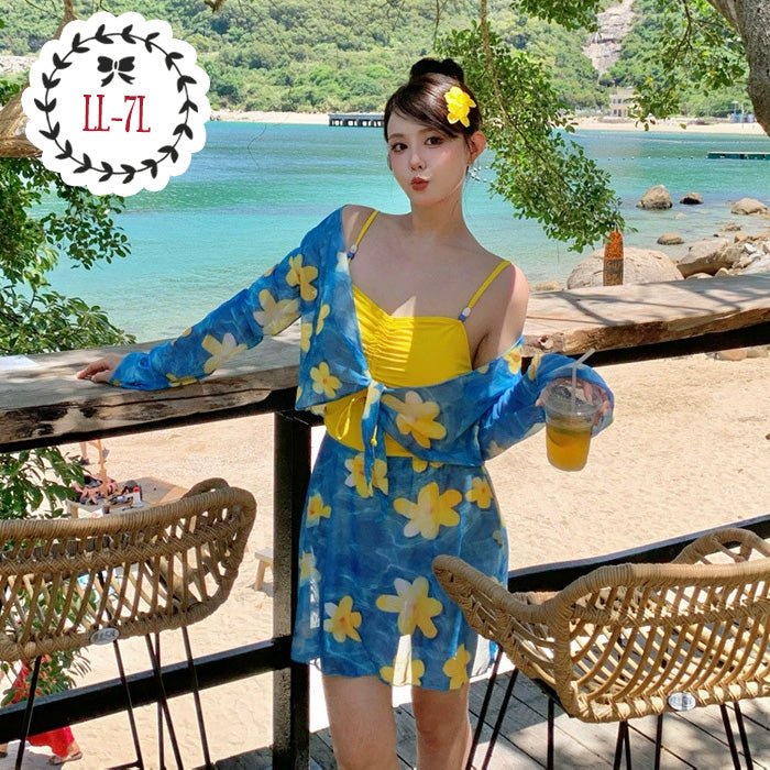 大きいサイズ レディース トロピカルブルーム・ギャザーフレア水着セット(LL/3L/4L/5L/6L/7L)