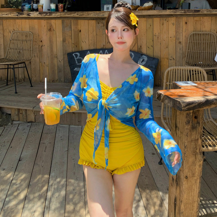 大きいサイズ レディース トロピカルブルーム・ギャザーフレア水着セット(LL/3L/4L/5L/6L/7L)