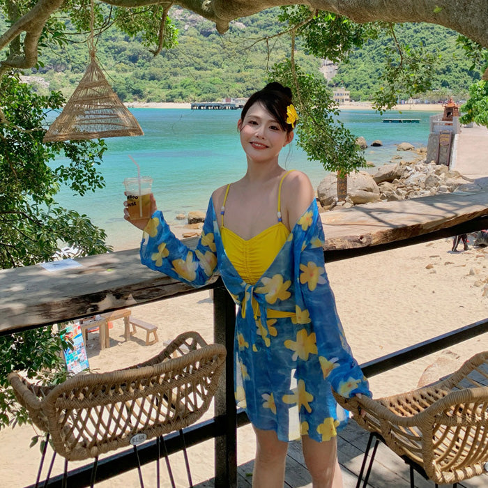 大きいサイズ レディース トロピカルブルーム・ギャザーフレア水着セット(LL/3L/4L/5L/6L/7L)