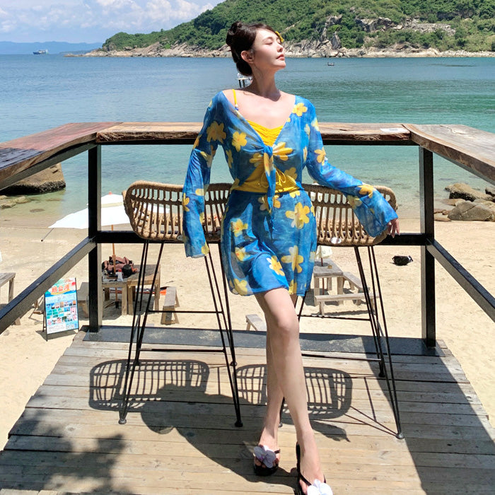 大きいサイズ レディース トロピカルブルーム・ギャザーフレア水着セット(LL/3L/4L/5L/6L/7L)