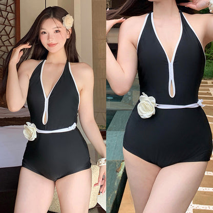 モノクロ花飾りのレディワンピスイムウェア水着(L/LL/3L/4L/5L)