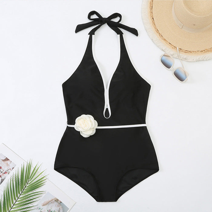 大きいサイズ レディース モノクロ花飾りのレディワンピスイムウェア水着(L/LL/3L/4L/5L)