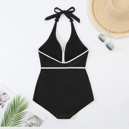 モノクロ花飾りのレディワンピスイムウェア水着(L/LL/3L/4L/5L)