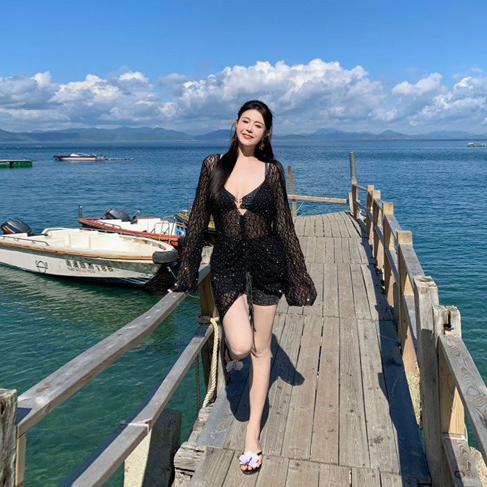 大きいサイズ レディース ナイトグリッター・透け感ドレススイムウェア(LL/3L/4L/5L/6L/7L)