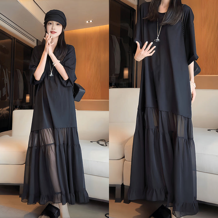 大きいサイズ レディース ノワールシフォン・ゆるふわレイヤーワンピース(L/LL/3L/4L)