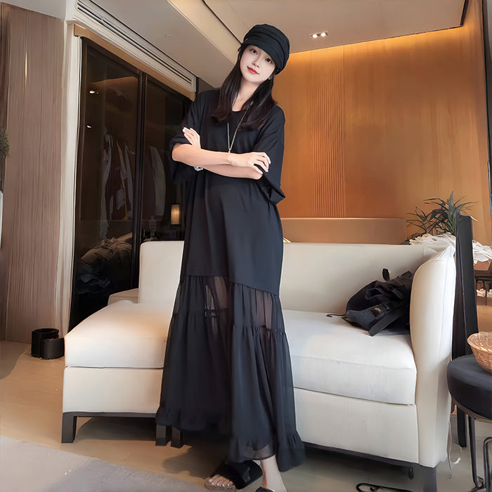 大きいサイズ レディース ノワールシフォン・ゆるふわレイヤーワンピース(L/LL/3L/4L)