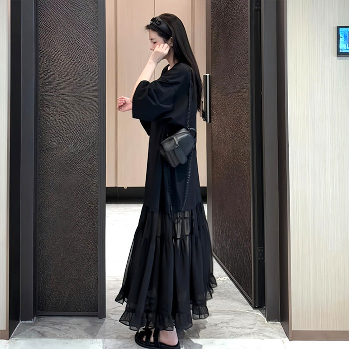 大きいサイズ レディース ノワールシフォン・ゆるふわレイヤーワンピース(L/LL/3L/4L)