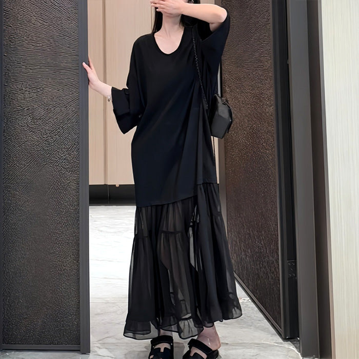 大きいサイズ レディース ノワールシフォン・ゆるふわレイヤーワンピース(L/LL/3L/4L)