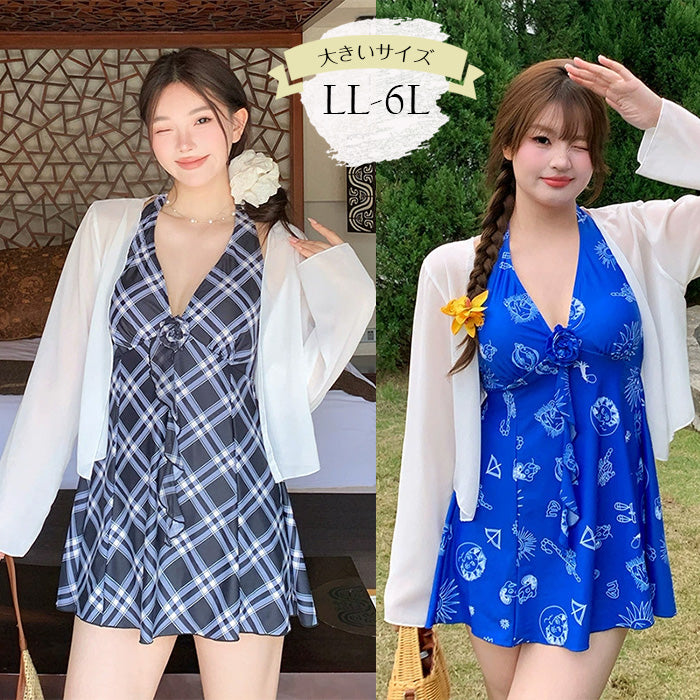 大きいサイズ レディース チェックフレア・体型カバースイム3点セット(LL/3L/4L/5L/6L)
