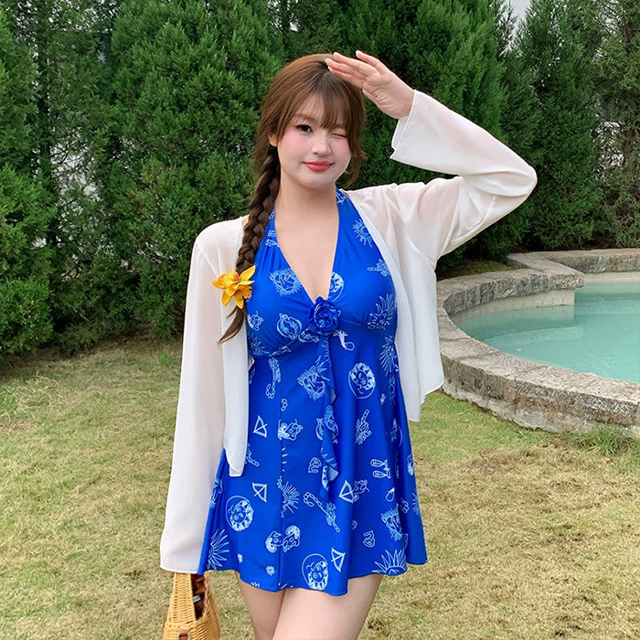 大きいサイズ レディース チェックフレア・体型カバースイム3点セット(LL/3L/4L/5L/6L)