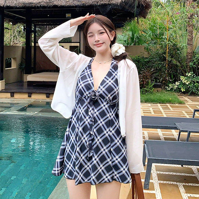 大きいサイズ レディース チェックフレア・体型カバースイム3点セット(LL/3L/4L/5L/6L)