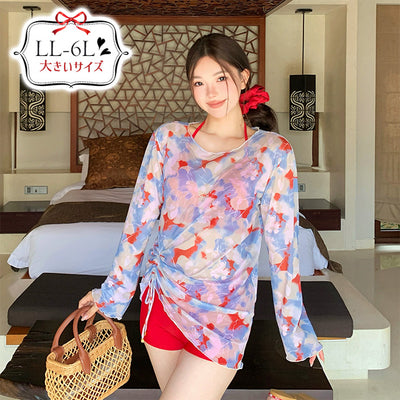 水彩フラワーの透け感リゾート水着スイムウェアセット(LL/3L/4L/5L/6L)