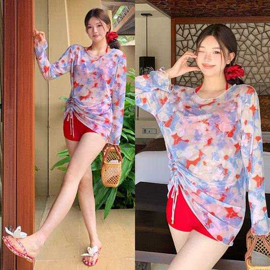 水彩フラワーの透け感リゾート水着セット(LL/3L/4L/5L/6L)