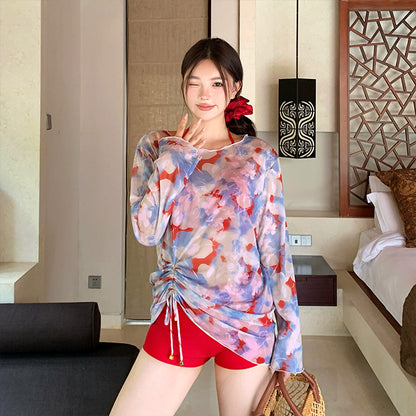 水彩フラワーの透け感リゾート水着セット(LL/3L/4L/5L/6L)