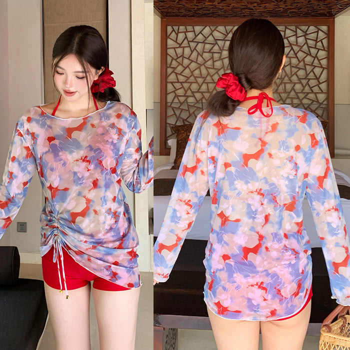 大きいサイズ レディース 水彩フラワーの透け感リゾート水着セット(LL/3L/4L/5L/6L)