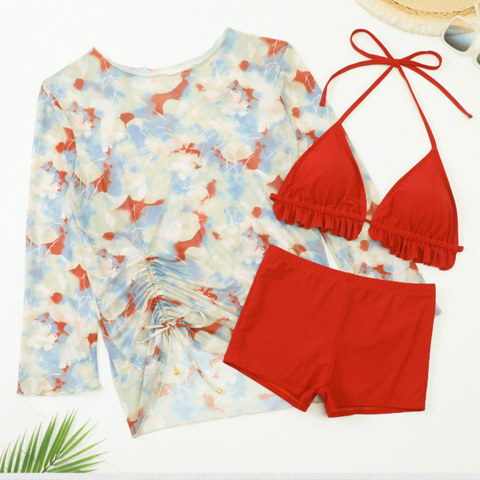 大きいサイズ レディース 水彩フラワーの透け感リゾート水着セット(LL/3L/4L/5L/6L)