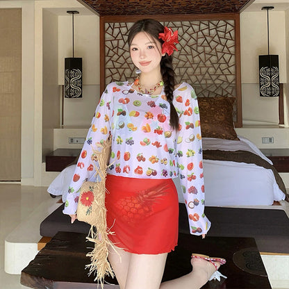 トロピカルフルーツのシアーカバー水着セット(L/LL/3L/4L/5L)