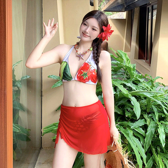 大きいサイズ レディース トロピカルフルーツのシアーカバー水着セット(L/LL/3L/4L/5L)