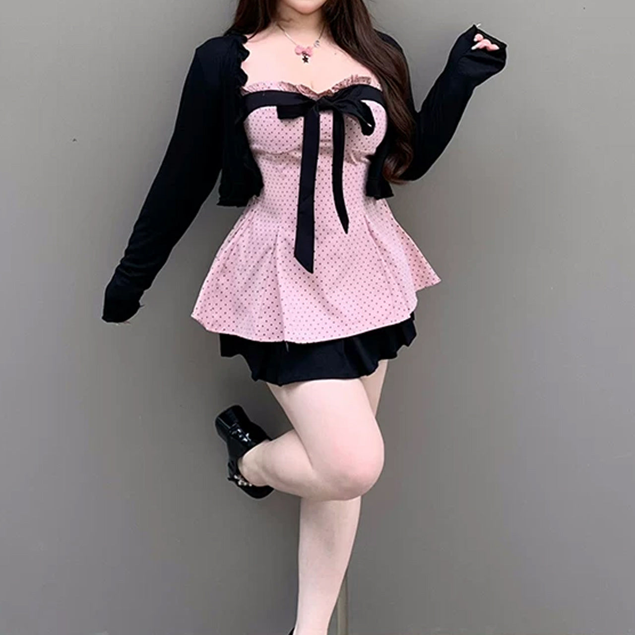 大きいサイズ レディース ピンクドットリボンの小悪魔キャミトップスのセットアップ(L/LL/3L/4L/5L)