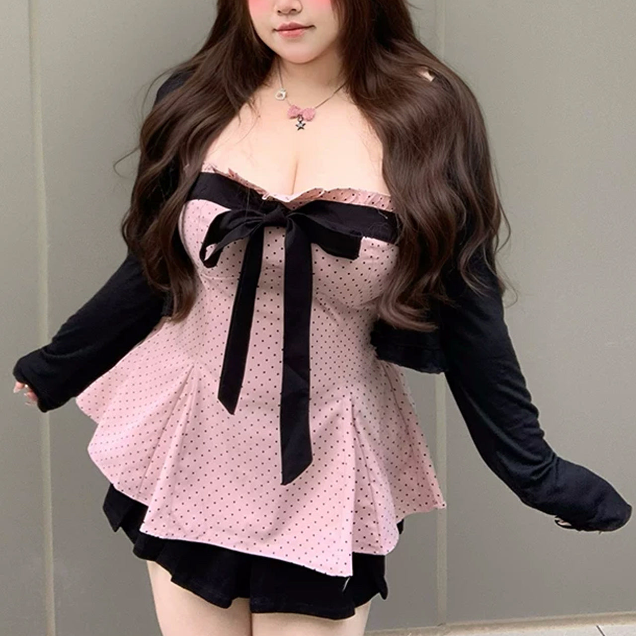 大きいサイズ レディース ピンクドットリボンの小悪魔キャミトップスのセットアップ(L/LL/3L/4L/5L)