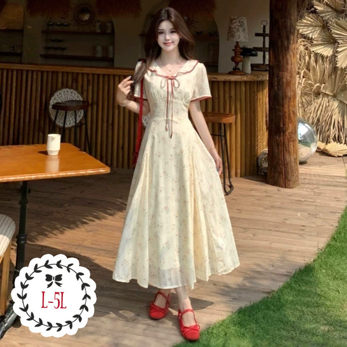 大きいサイズ レディース イエローベージュ花柄レディロングドレスワンピース(L/LL/3L/4L/5L)