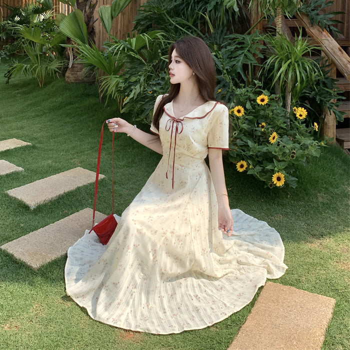 大きいサイズ レディース イエローベージュ花柄レディロングドレスワンピース(L/LL/3L/4L/5L)