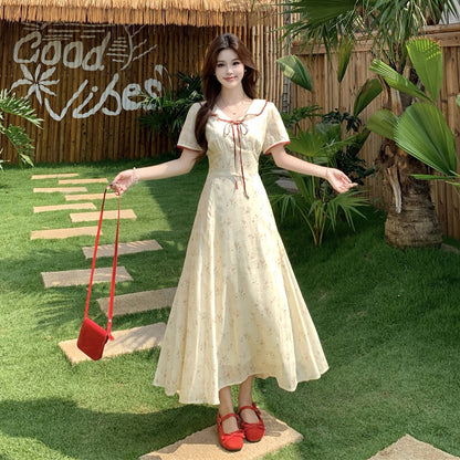 イエローベージュ花柄レディロングドレスワンピース(L/LL/3L/4L/5L)