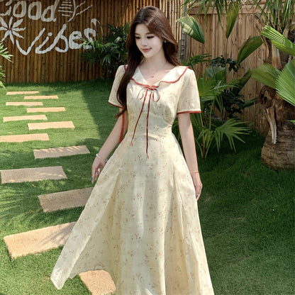 イエローベージュ花柄レディロングドレスワンピース(L/LL/3L/4L/5L)