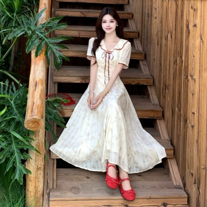 大きいサイズ レディース イエローベージュ花柄レディロングドレスワンピース(L/LL/3L/4L/5L)