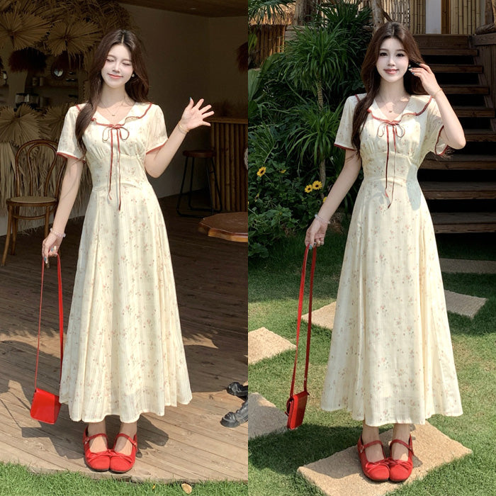 大きいサイズ レディース イエローベージュ花柄レディロングドレスワンピース(L/LL/3L/4L/5L)