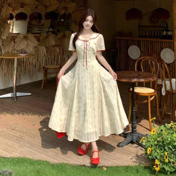 大きいサイズ レディース イエローベージュ花柄レディロングドレスワンピース(L/LL/3L/4L/5L)