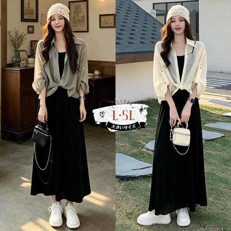 大きいサイズ レディース 抜け感シアーシャツ×ブラックドレスセットアップ (L/LL/3L/4L/5L)