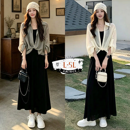 抜け感シアーシャツ×ブラックドレスセットアップ (L/LL/3L/4L/5L)