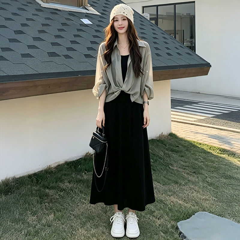 大きいサイズ レディース 抜け感シアーシャツ×ブラックドレスセットアップ (L/LL/3L/4L/5L)