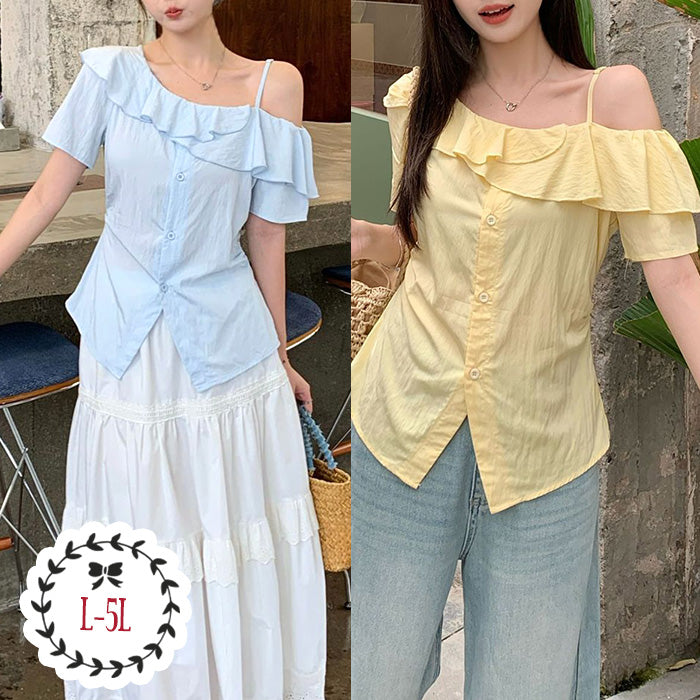 大きいサイズ レディース サマーフリルラインアシメカットソートップス(L/LL/3L/4L/5L)