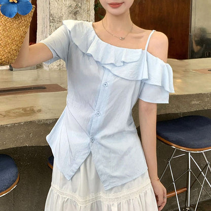 サマーフリルラインアシメカットソートップス(L/LL/3L/4L/5L)