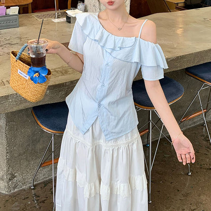 サマーフリルラインアシメカットソートップス(L/LL/3L/4L/5L)