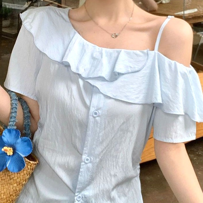 大きいサイズ レディース サマーフリルラインアシメカットソートップス(L/LL/3L/4L/5L)