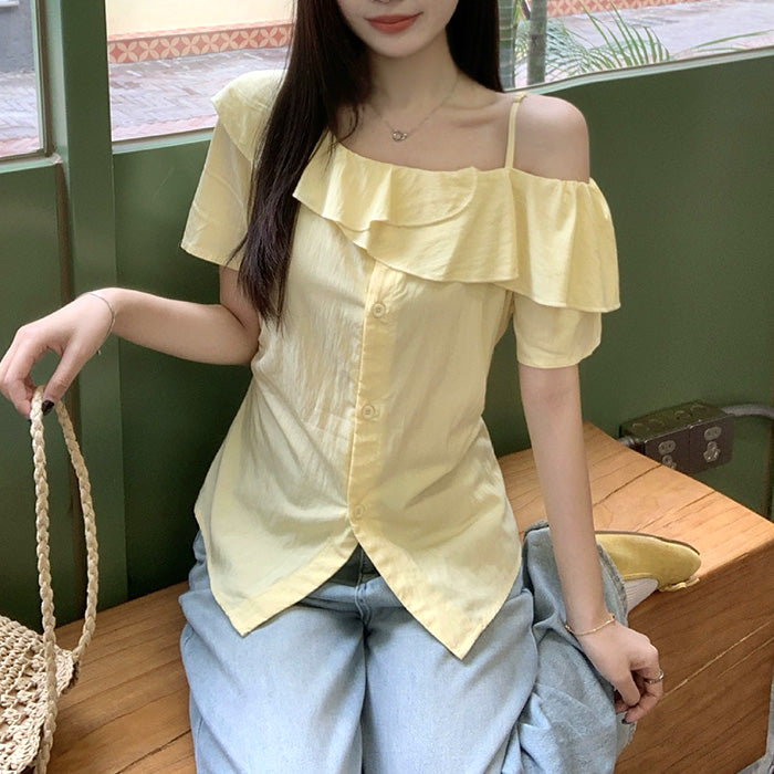 大きいサイズ レディース サマーフリルラインアシメカットソートップス(L/LL/3L/4L/5L)