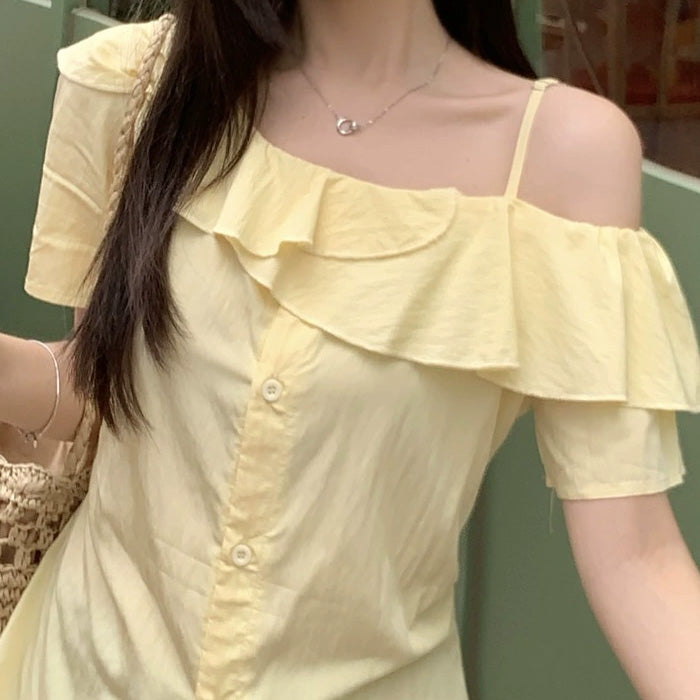 大きいサイズ レディース サマーフリルラインアシメカットソートップス(L/LL/3L/4L/5L)