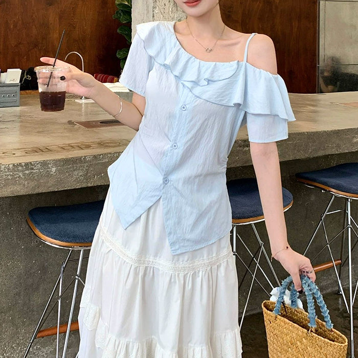 大きいサイズ レディース サマーフリルラインアシメカットソートップス(L/LL/3L/4L/5L)