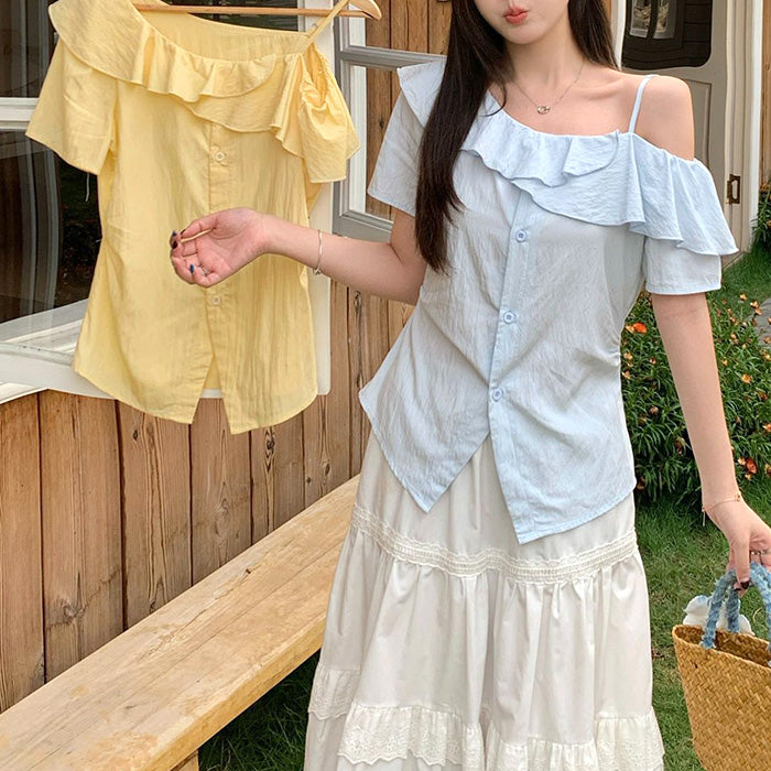 大きいサイズ レディース サマーフリルラインアシメカットソートップス(L/LL/3L/4L/5L)