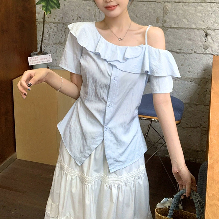 大きいサイズ レディース サマーフリルラインアシメカットソートップス(L/LL/3L/4L/5L)