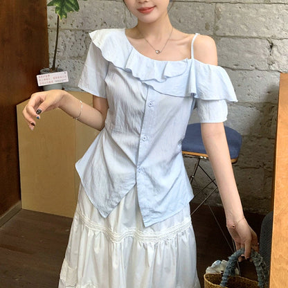 サマーフリルラインアシメカットソートップス(L/LL/3L/4L/5L)