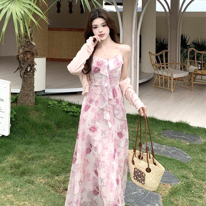 大きいサイズ レディース 花霞ロングロマンティックアンサンブルワンピースセット(L/LL/3L/4L/5L)