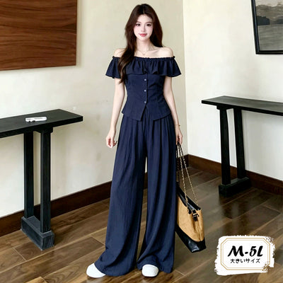 夜凪ネイビー・美ラインワイドパンツセットアップ(M/L/LL/3L/4L/5L/6L)