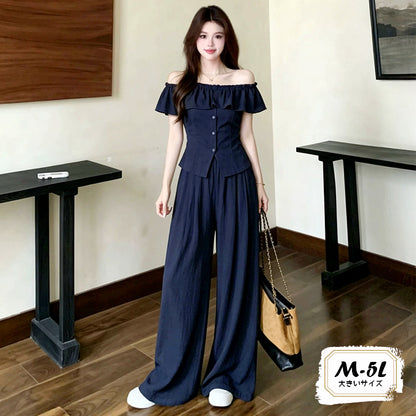 夜凪ネイビー・美ラインワイドパンツセットアップ(M/L/LL/3L/4L/5L/6L)