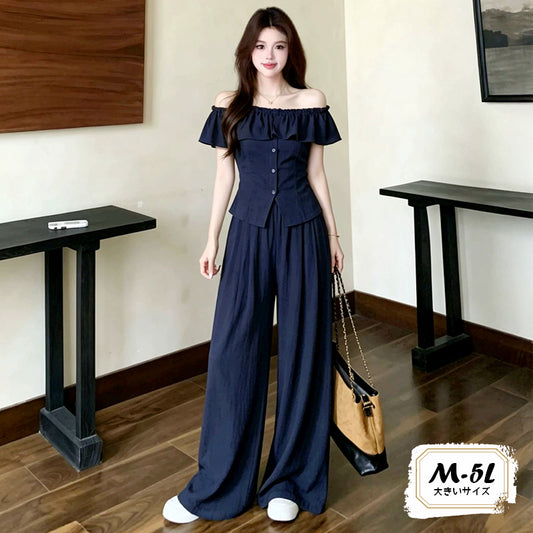 夜凪ネイビー・美ラインワイドパンツセットアップ(M/L/LL/3L/4L/5L/6L)